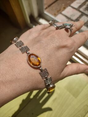 Art Deco Silver Tone Amber Glass Chocker